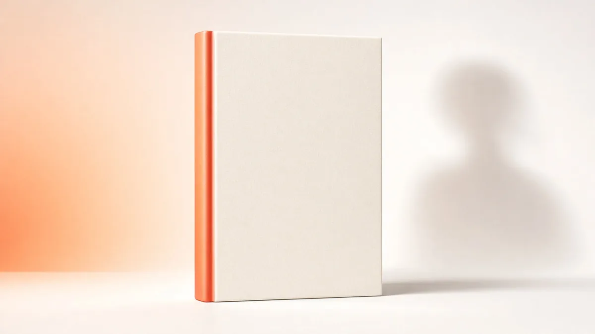Illustration of a cream hardcover book with an orange spine beside a soft human shadow