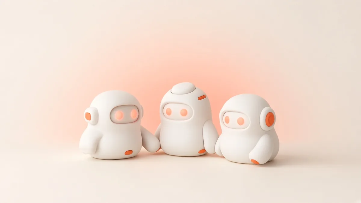 Illustration of three friendly white helper robots with a soft orange glow