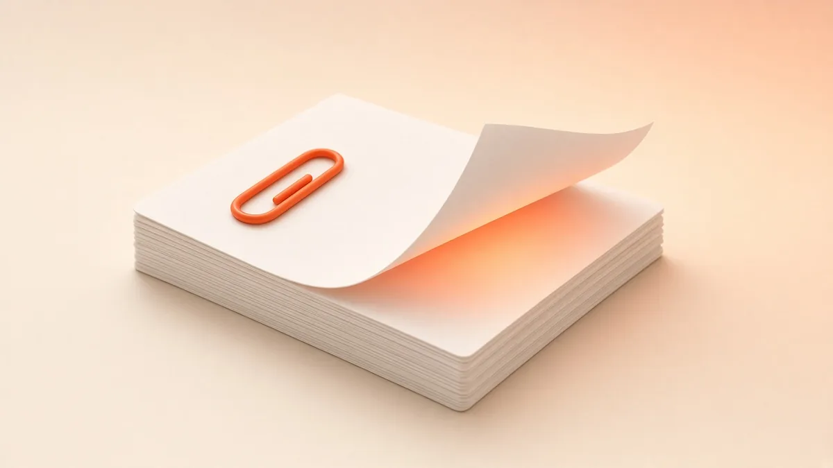 Illustration of a stack of white paper with one page lifting in orange light